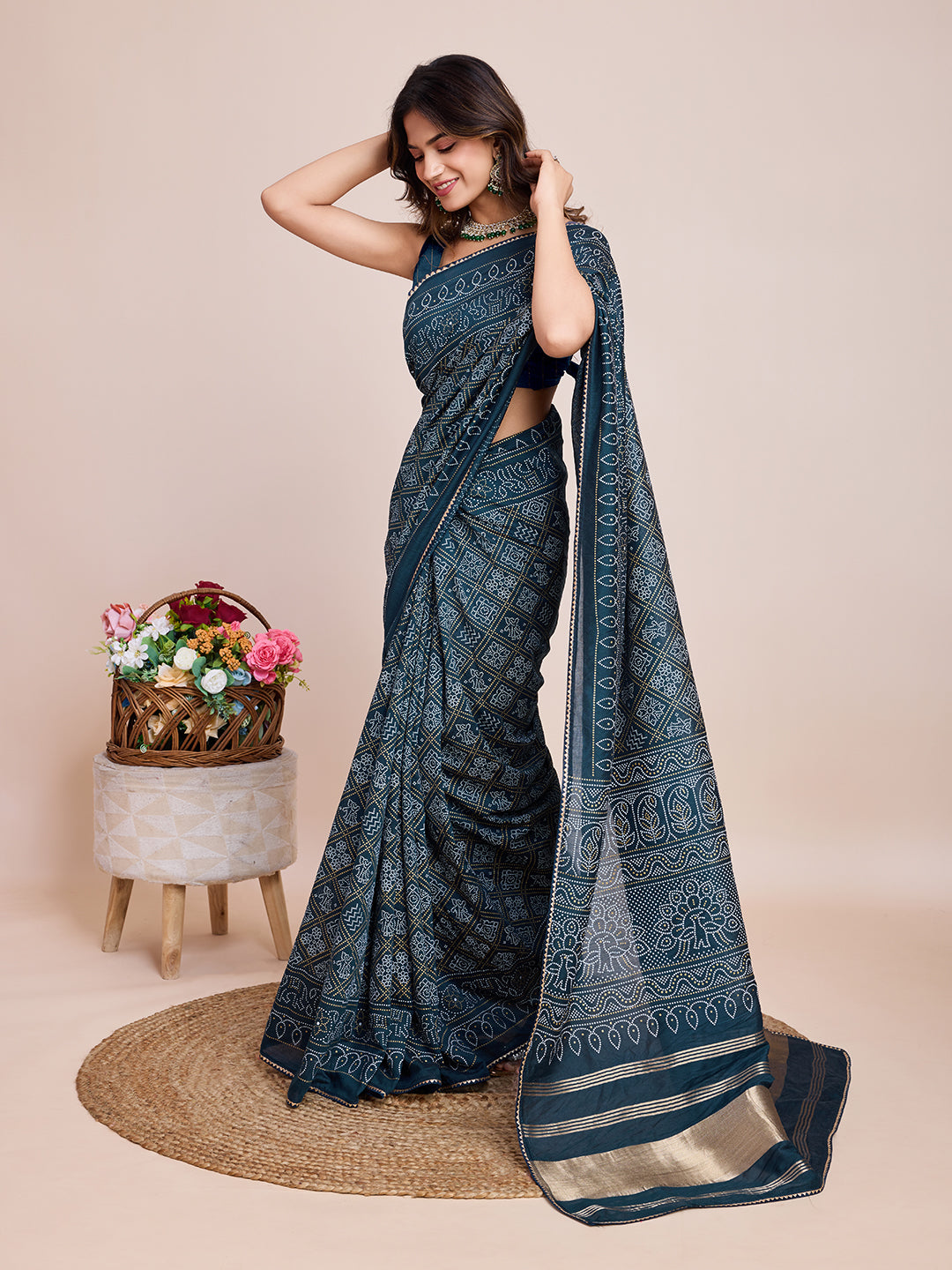 Vedant Vastram Semi Cotton Bandhani Printed Saree - Mopich - Distacart