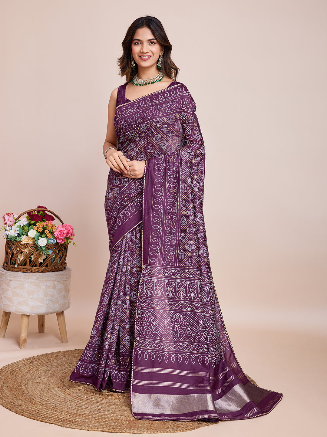Vedant Vastram Semi Cotton Bandhani Printed Saree - Wine - Distacart
