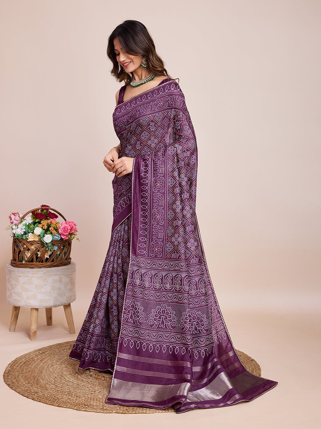 Vedant Vastram Semi Cotton Bandhani Printed Saree - Wine - Distacart
