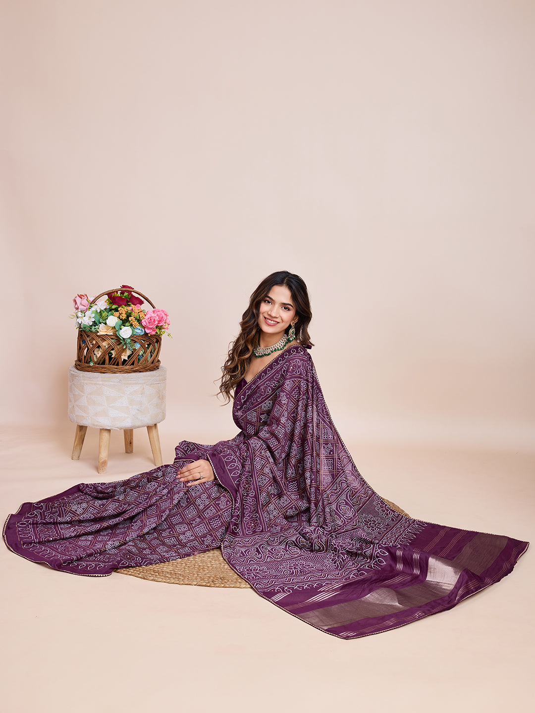 Vedant Vastram Semi Cotton Bandhani Printed Saree - Wine - Distacart