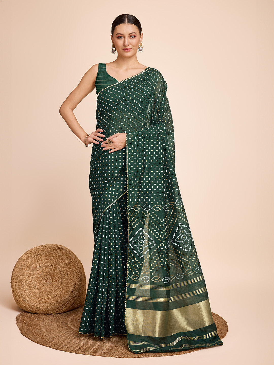 Vedant Vastram Semi Cotton Bandhani Printed Saree - Green - Distacart