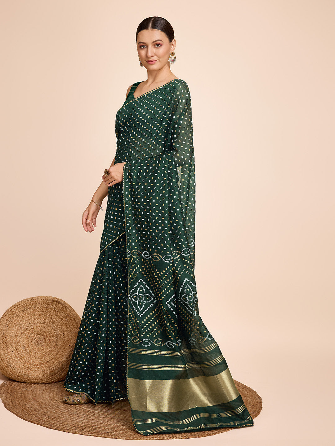 Vedant Vastram Semi Cotton Bandhani Printed Saree - Green - Distacart