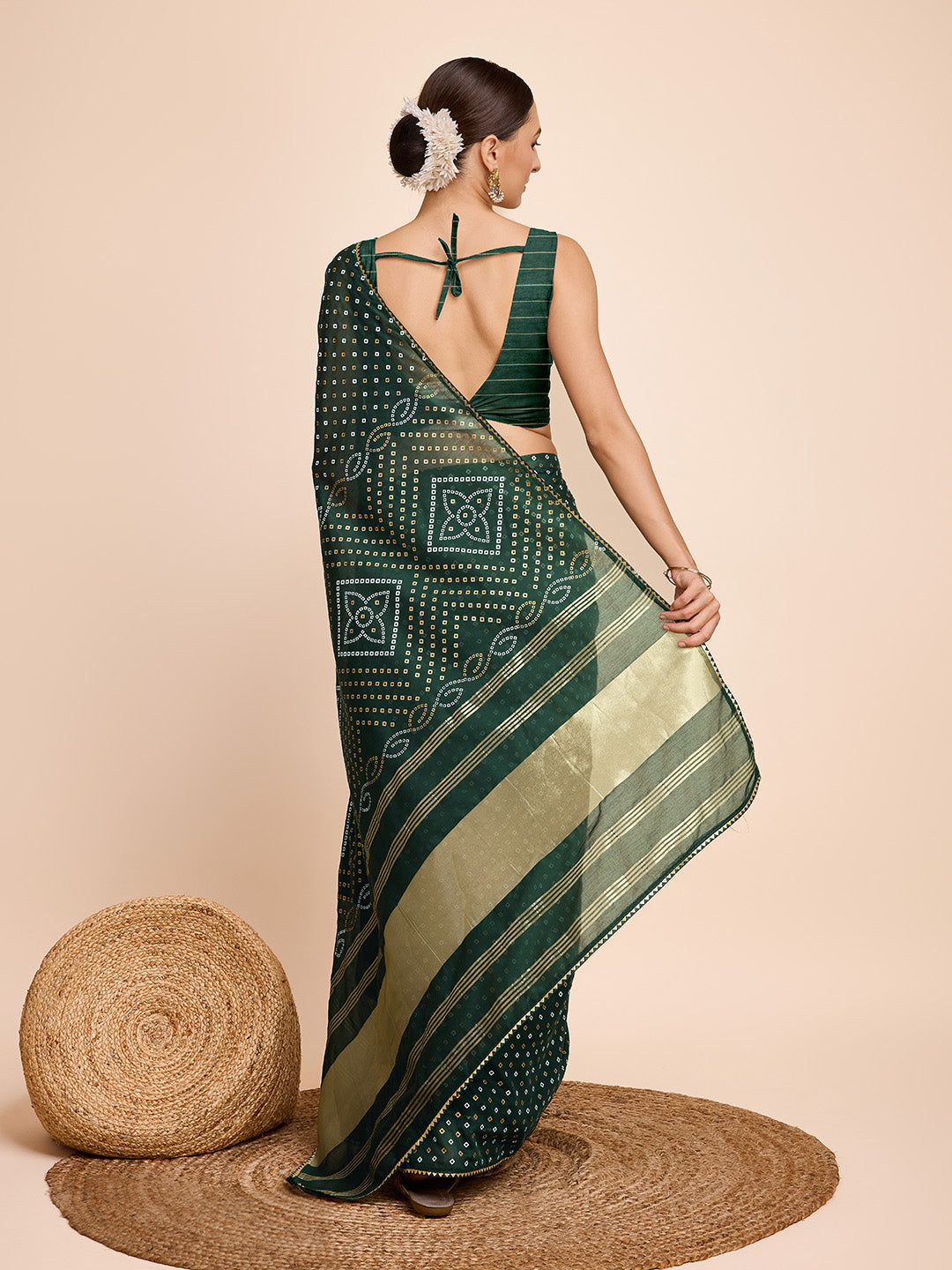 Vedant Vastram Semi Cotton Bandhani Printed Saree - Green - Distacart
