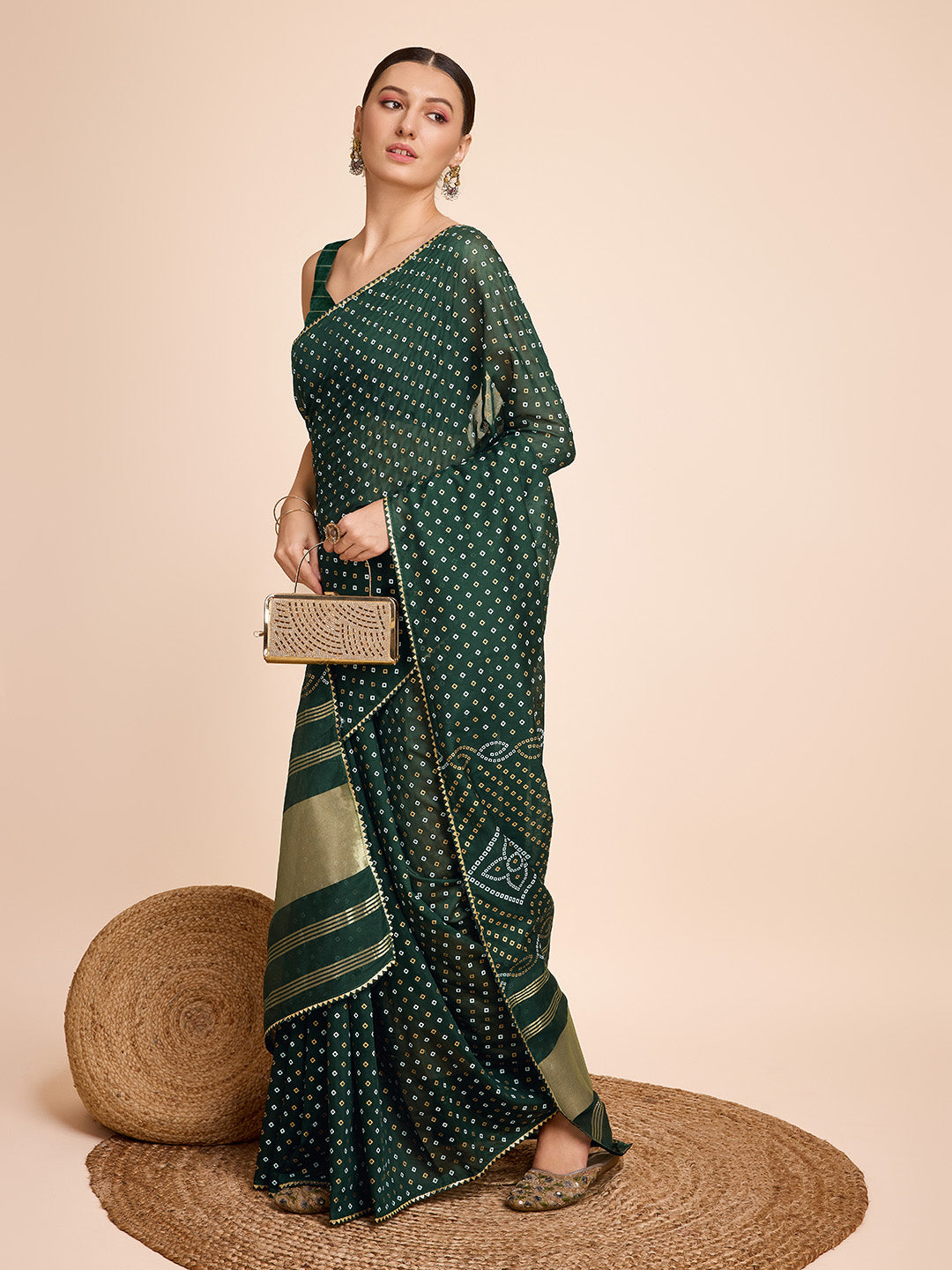 Vedant Vastram Semi Cotton Bandhani Printed Saree - Green - Distacart