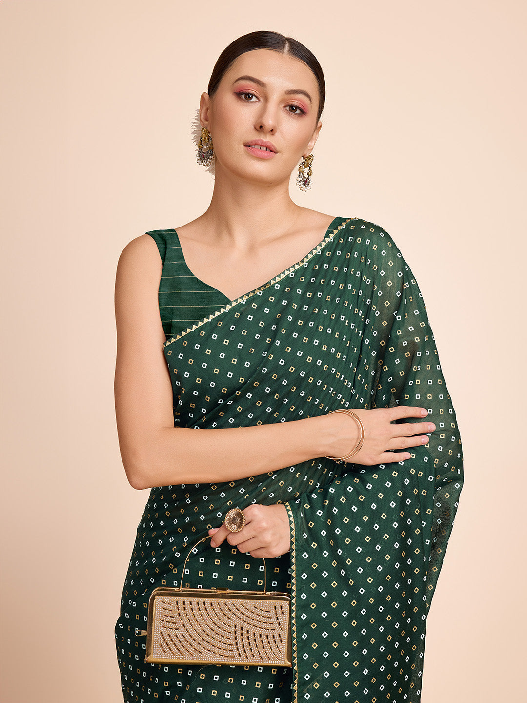 Vedant Vastram Semi Cotton Bandhani Printed Saree - Green - Distacart