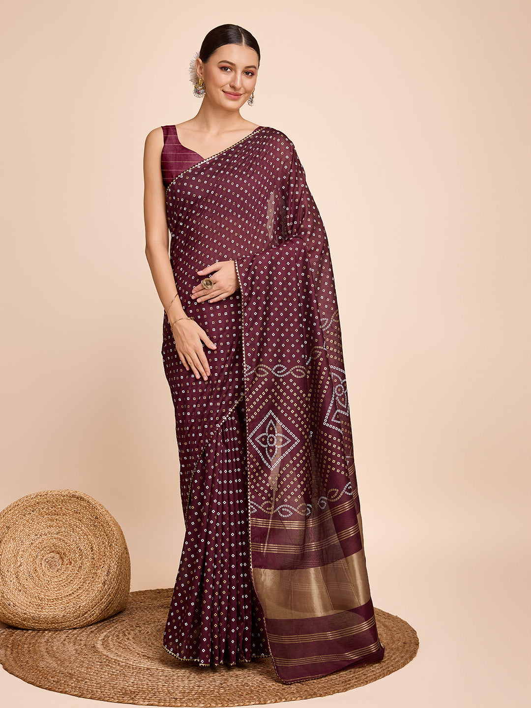 Vedant Vastram Semi Cotton Bandhani Printed Saree - Maroon - Distacart