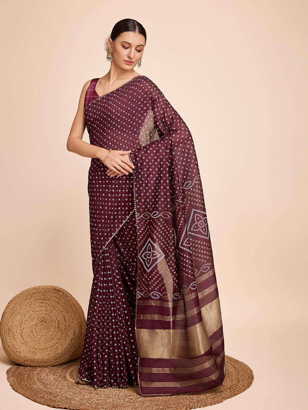 Vedant Vastram Semi Cotton Bandhani Printed Saree - Maroon - Distacart