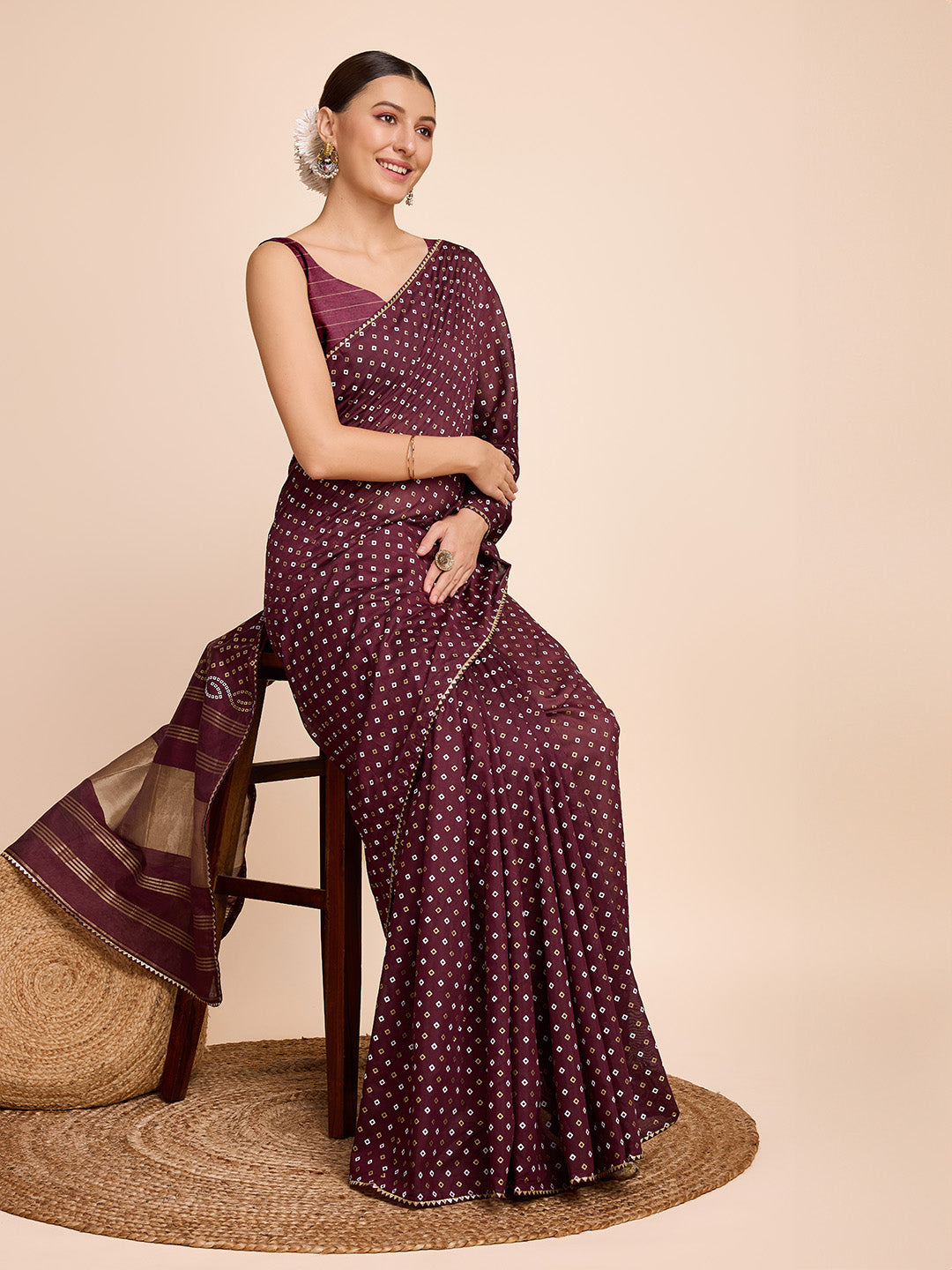 Vedant Vastram Semi Cotton Bandhani Printed Saree - Maroon - Distacart
