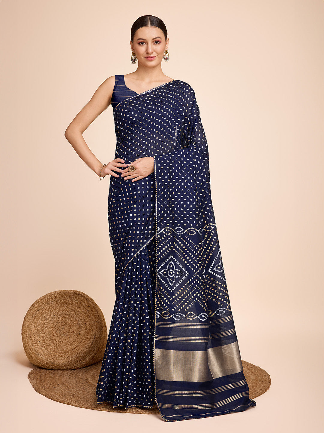 Vedant Vastram Semi Cotton Bandhani Printed Saree - Navy - Distacart