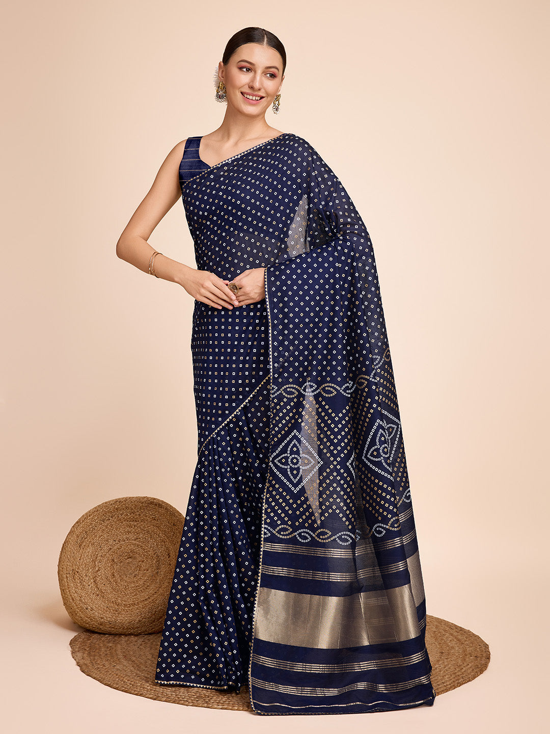 Vedant Vastram Semi Cotton Bandhani Printed Saree - Navy - Distacart