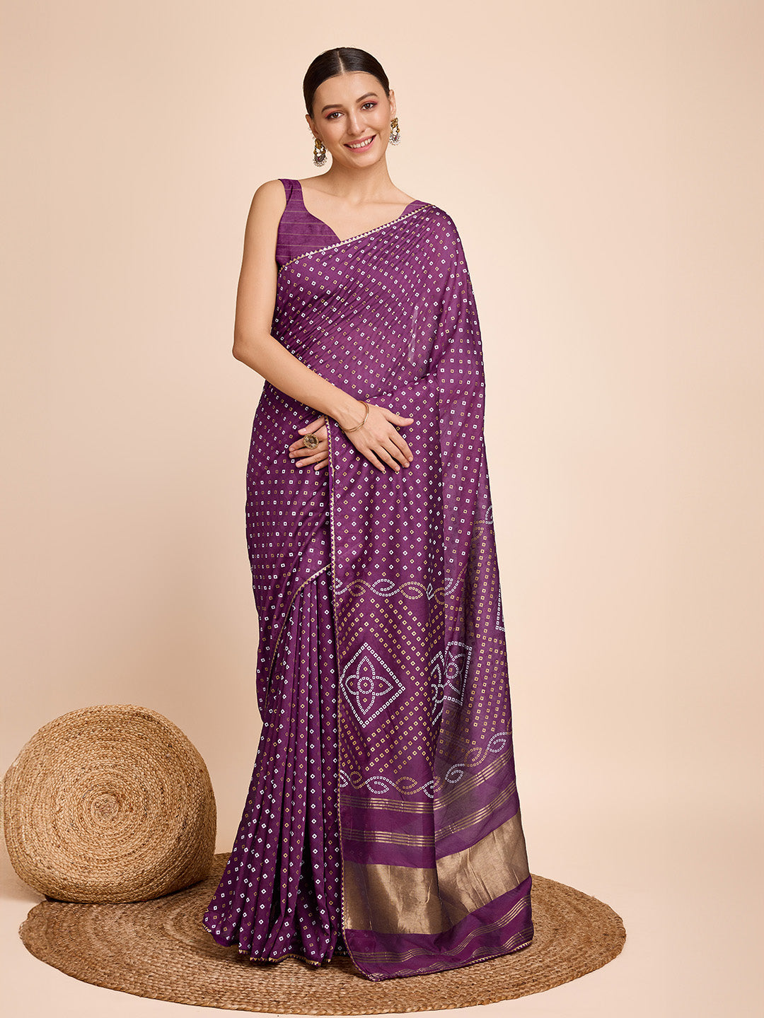 Vedant Vastram Semi Cotton Bandhani Printed Saree - Purple - Distacart