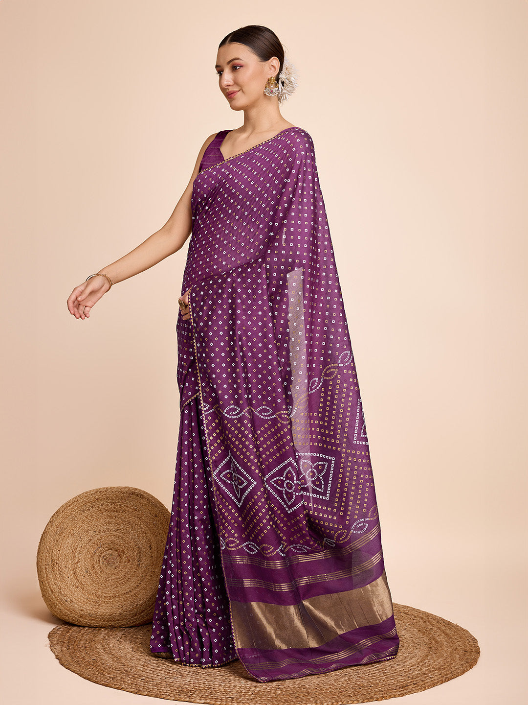 Vedant Vastram Semi Cotton Bandhani Printed Saree - Purple - Distacart