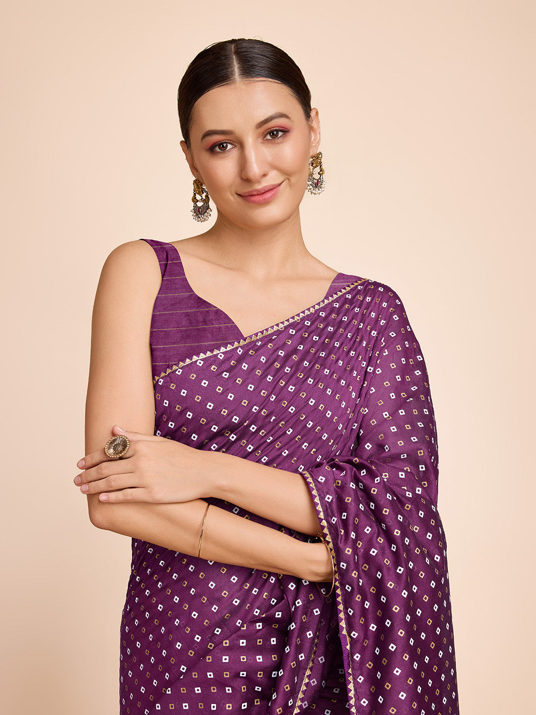 Vedant Vastram Semi Cotton Bandhani Printed Saree - Purple - Distacart