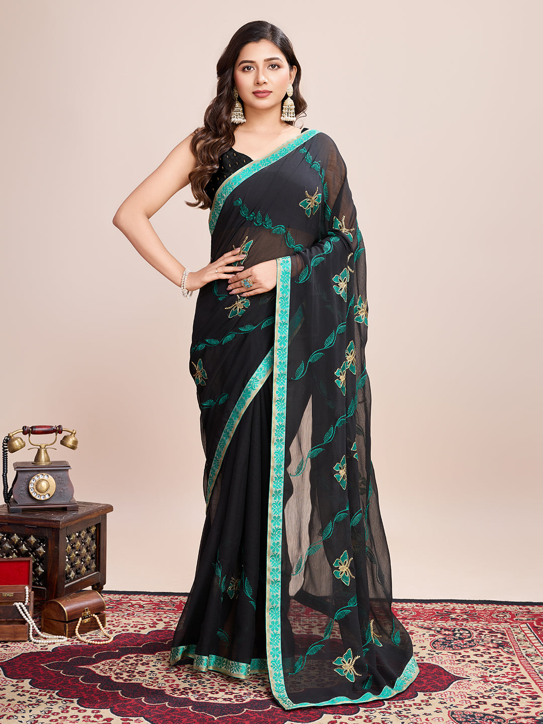 Vedant Vastram Georgette Embroidered Work Fancy Saree - Firozi - Distacart