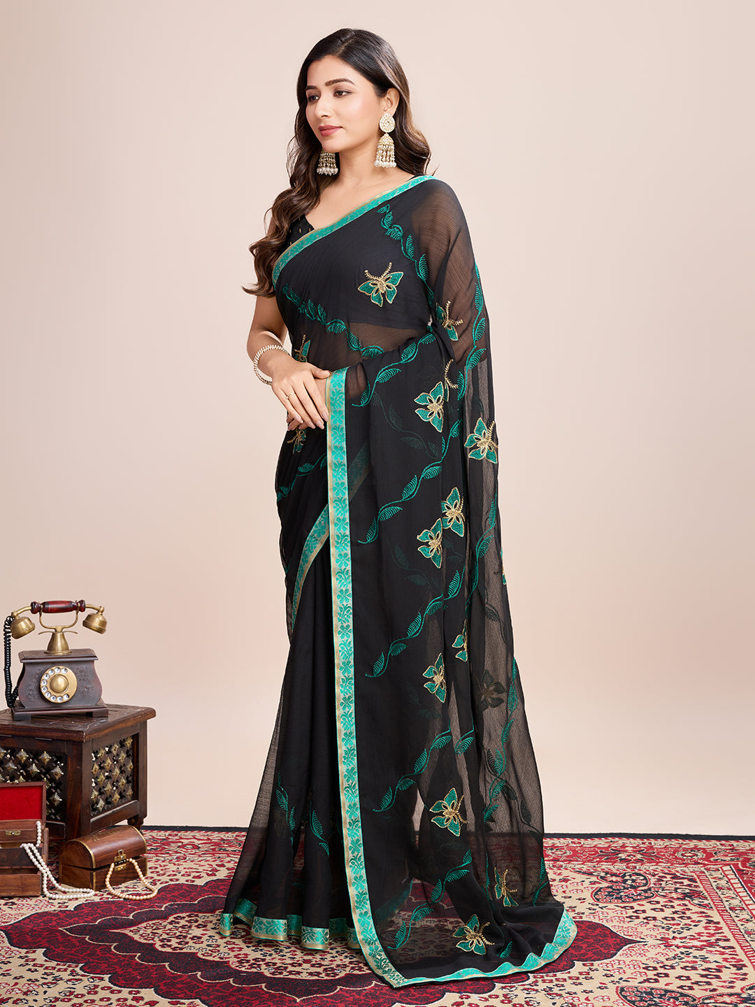 Vedant Vastram Georgette Embroidered Work Fancy Saree - Firozi - Distacart