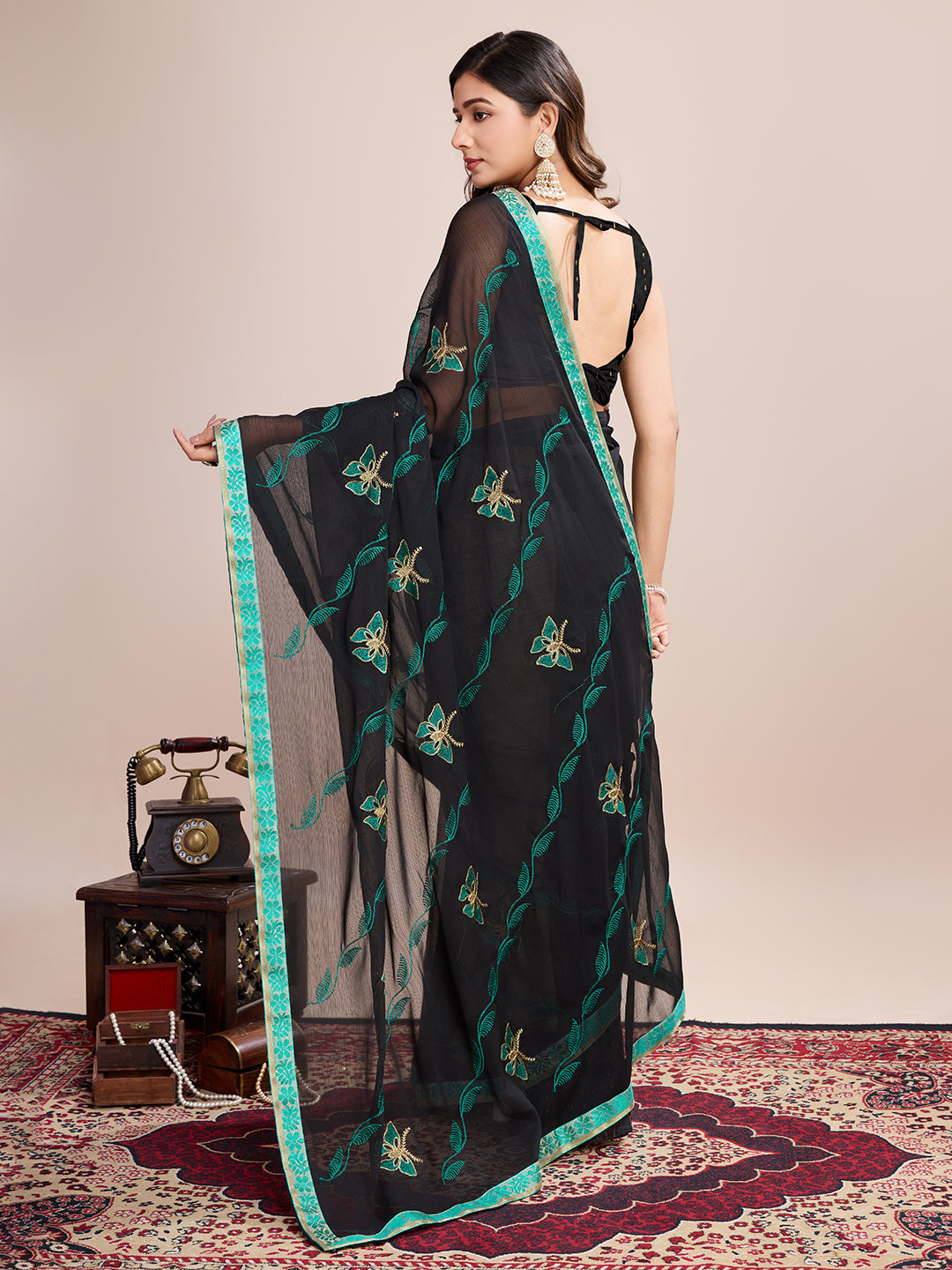Vedant Vastram Georgette Embroidered Work Fancy Saree - Firozi - Distacart