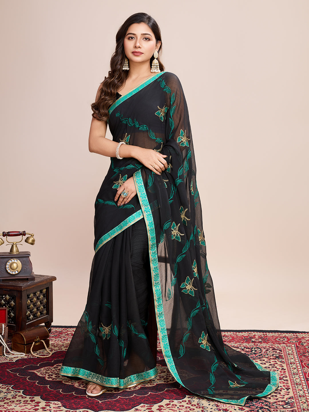 Vedant Vastram Georgette Embroidered Work Fancy Saree - Firozi - Distacart