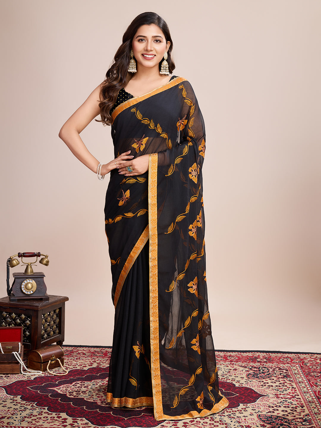 Vedant Vastram Georgette Embroidered Work Fancy Saree - Mustard - Distacart