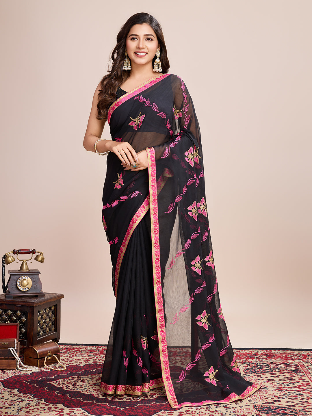 Vedant Vastram Georgette Embroidered Work Fancy Saree - Pink - Distacart