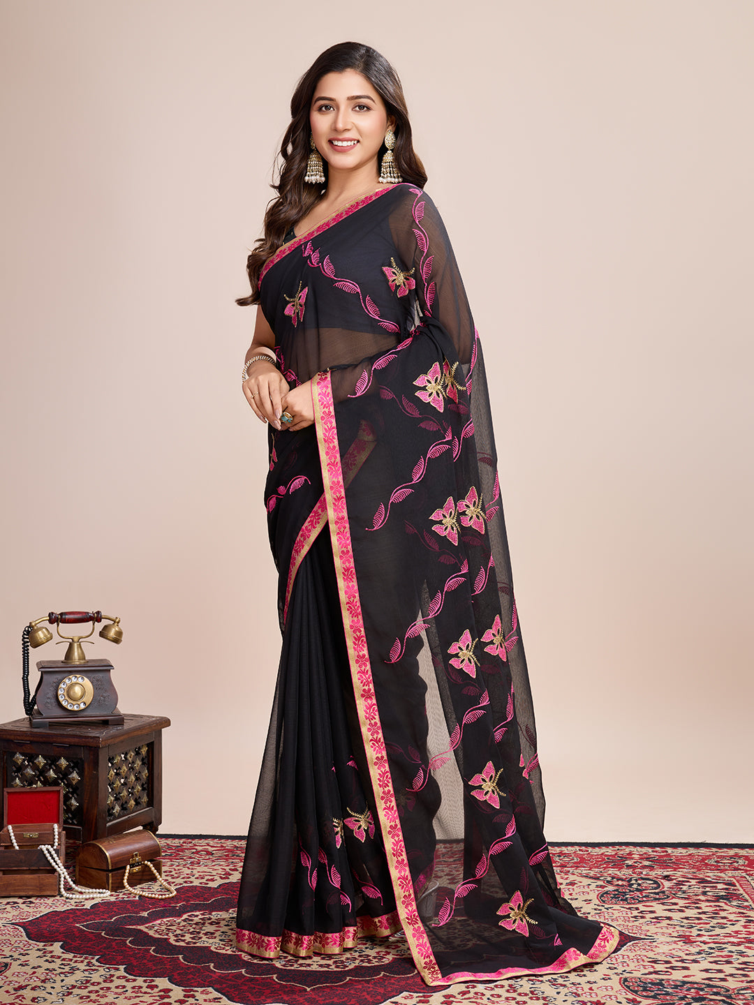 Vedant Vastram Georgette Embroidered Work Fancy Saree - Pink - Distacart