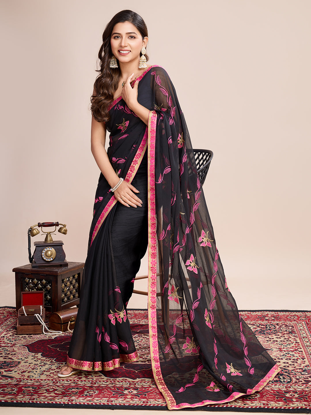 Vedant Vastram Georgette Embroidered Work Fancy Saree - Pink - Distacart