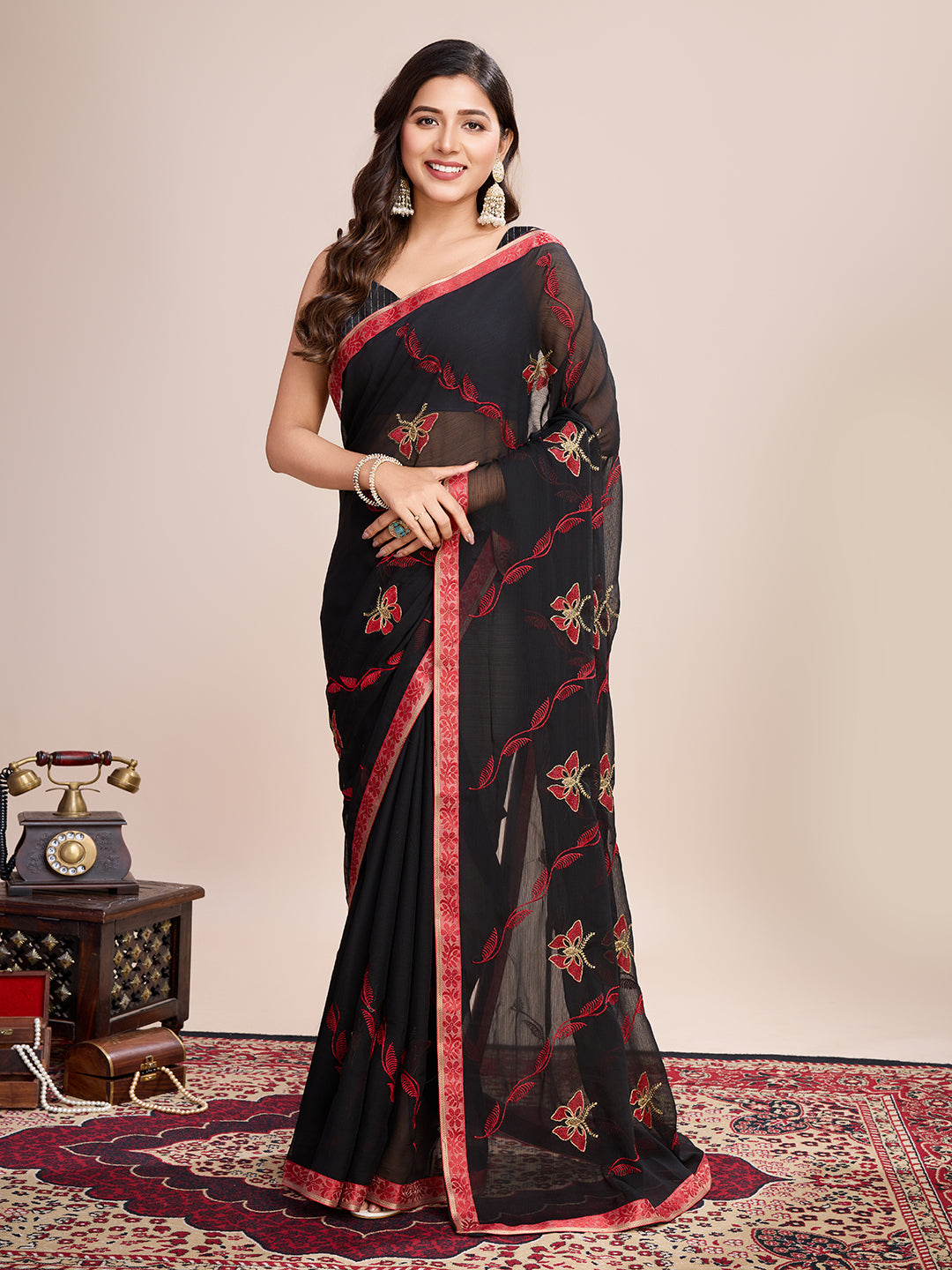 Vedant Vastram Georgette Embroidered Work Fancy Saree - Red - Distacart