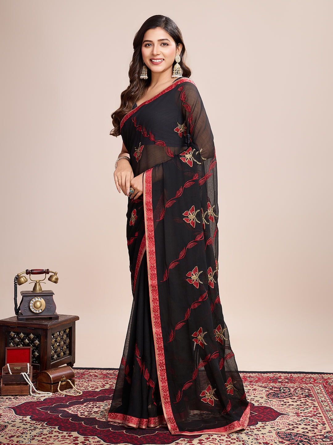 Vedant Vastram Georgette Embroidered Work Fancy Saree - Red - Distacart