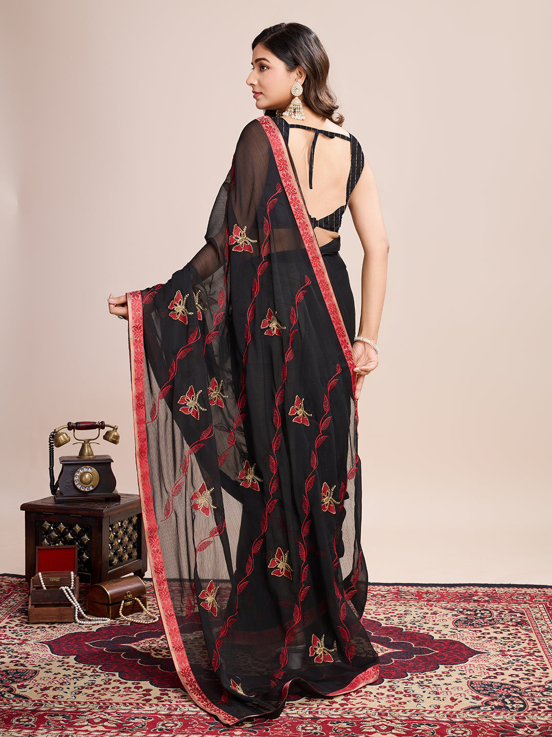 Vedant Vastram Georgette Embroidered Work Fancy Saree - Red - Distacart