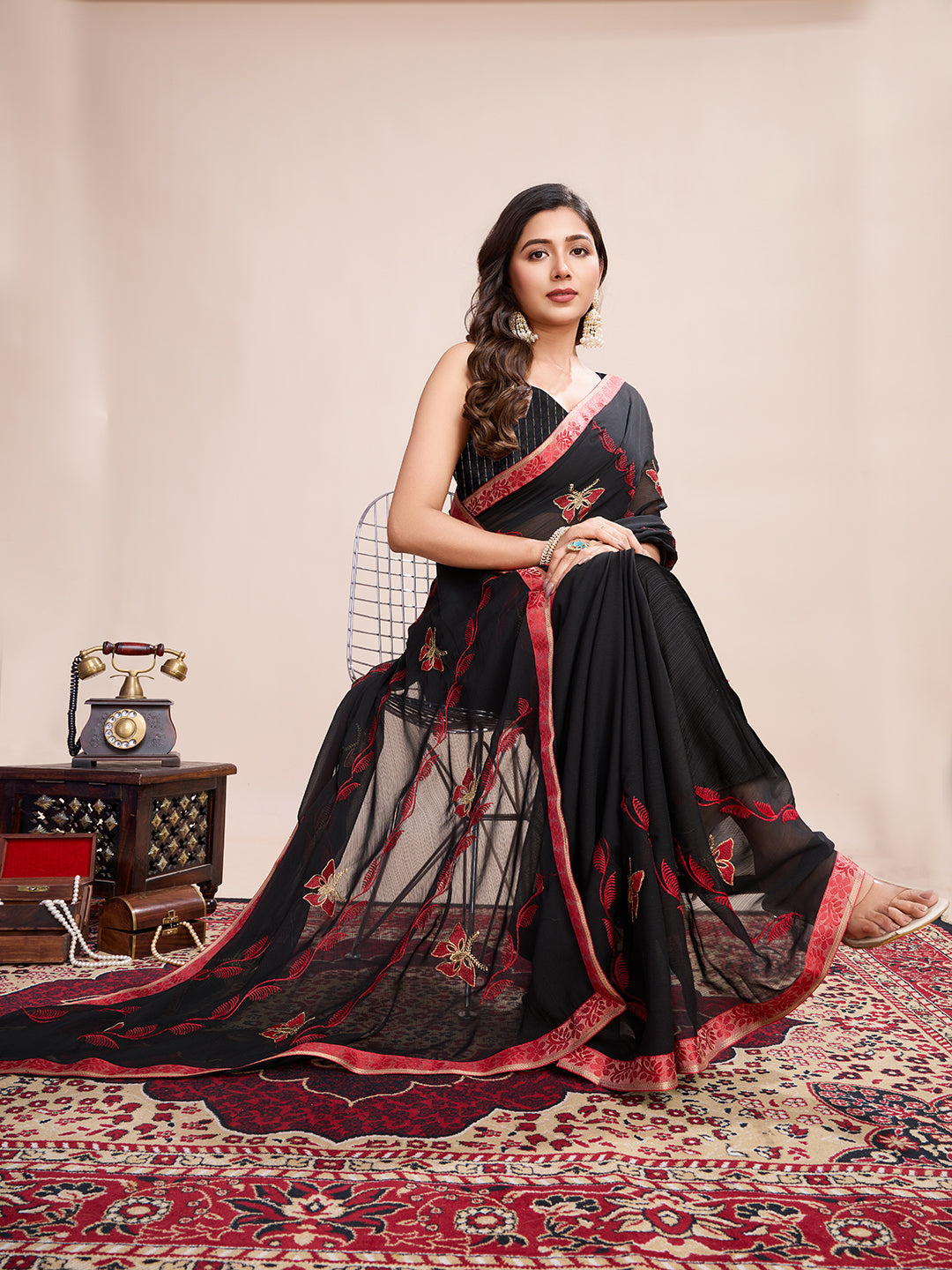 Vedant Vastram Georgette Embroidered Work Fancy Saree - Red - Distacart