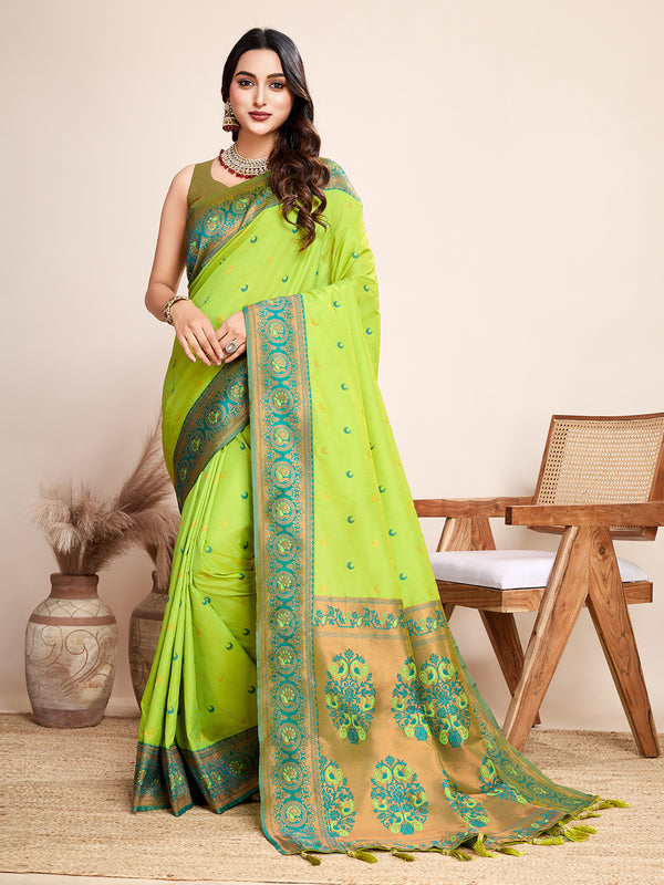 Vedant Vastram Soft Litchi Silk Kanjeevaram Silk Saree - Parrot - Distacart
