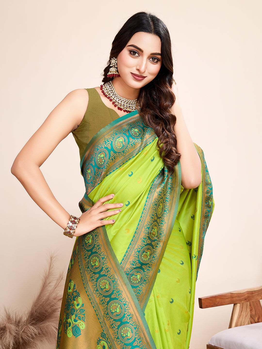Vedant Vastram Soft Litchi Silk Kanjeevaram Silk Saree - Parrot - Distacart