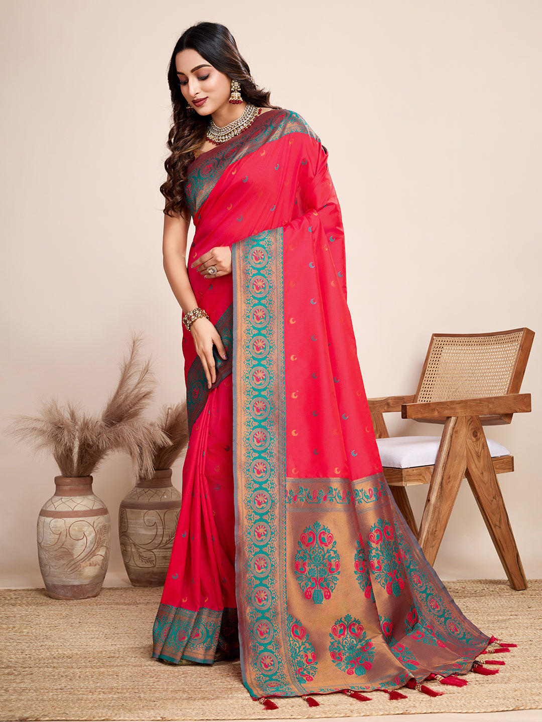 Vedant Vastram Soft Litchi Silk Kanjeevaram Silk Saree - Rani - Distacart