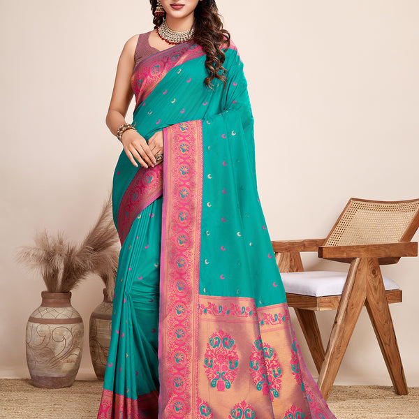 Vedant Vastram Soft Litchi Silk Kanjeevaram Silk Saree - Seegreen - Distacart
