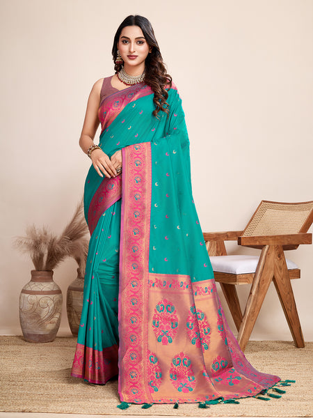 Vedant Vastram Soft Litchi Silk Kanjeevaram Silk Saree - Seegreen - Distacart