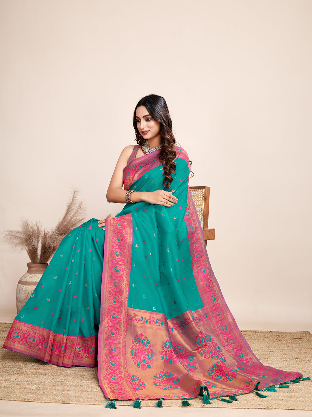 Vedant Vastram Soft Litchi Silk Kanjeevaram Silk Saree - Seegreen - Distacart