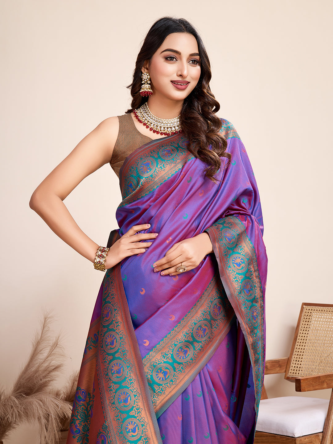 Vedant Vastram Soft Litchi Silk Kanjeevaram Silk Saree - Violet - Distacart