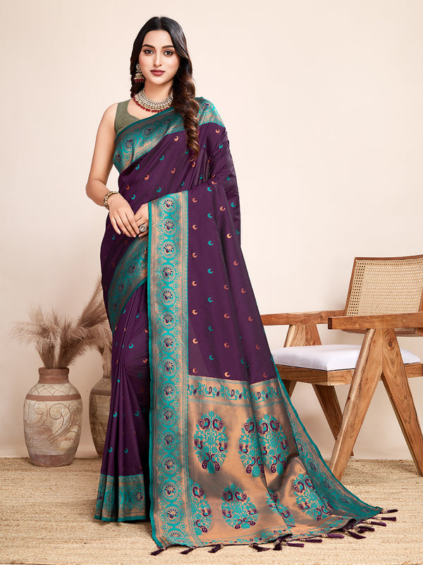 Vedant Vastram Soft Litchi Silk Kanjeevaram Silk Saree - Wine - Distacart