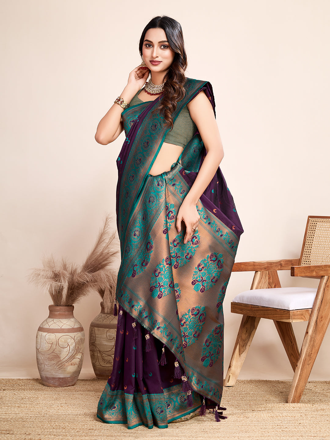 Vedant Vastram Soft Litchi Silk Kanjeevaram Silk Saree - Wine - Distacart