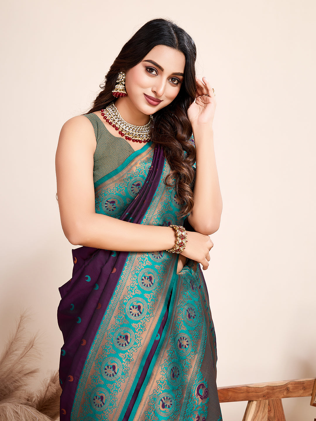 Vedant Vastram Soft Litchi Silk Kanjeevaram Silk Saree - Wine - Distacart