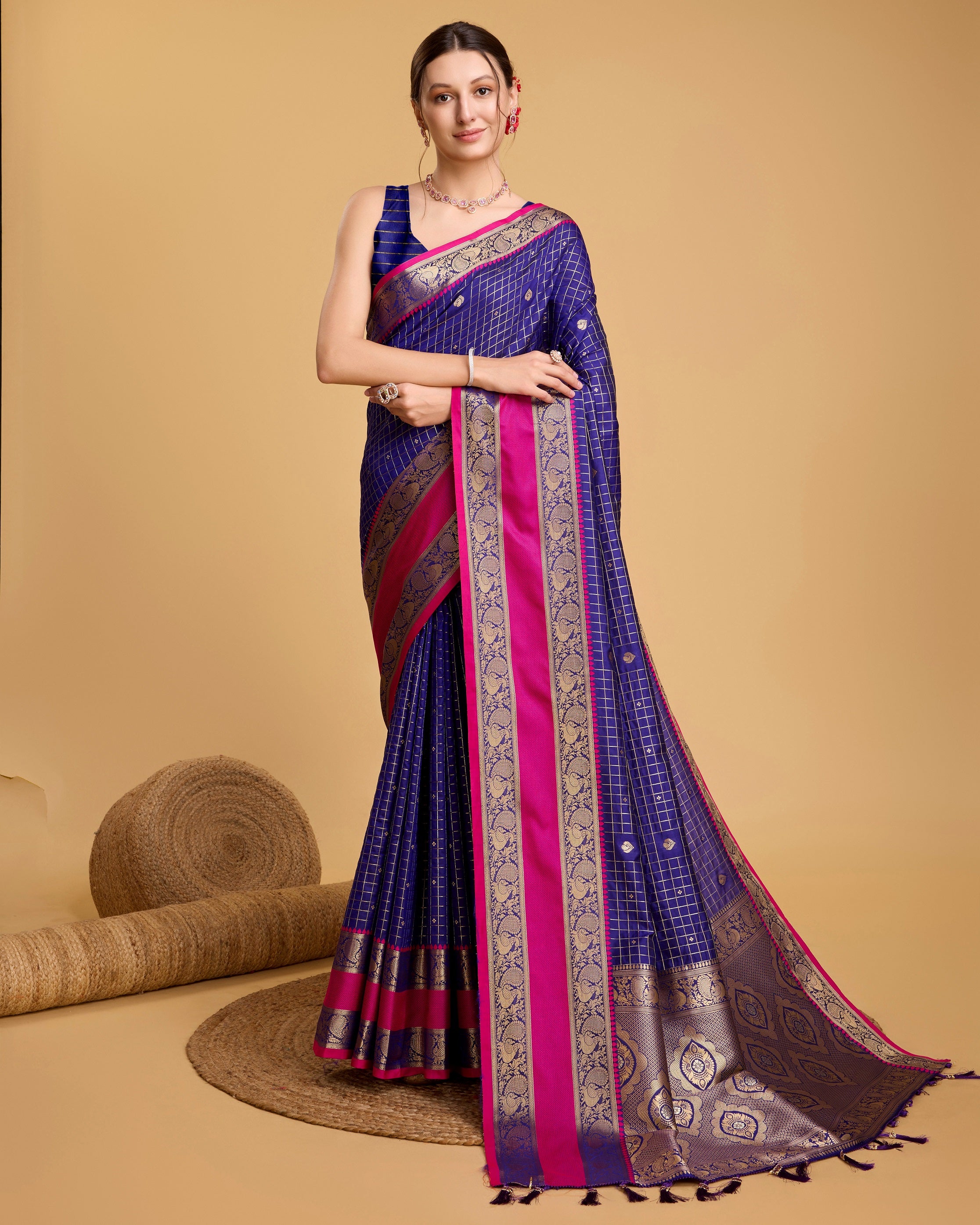 Vedant Vastram Soft Litchi Silk Banarasi Silk Saree - Blue - Distacart