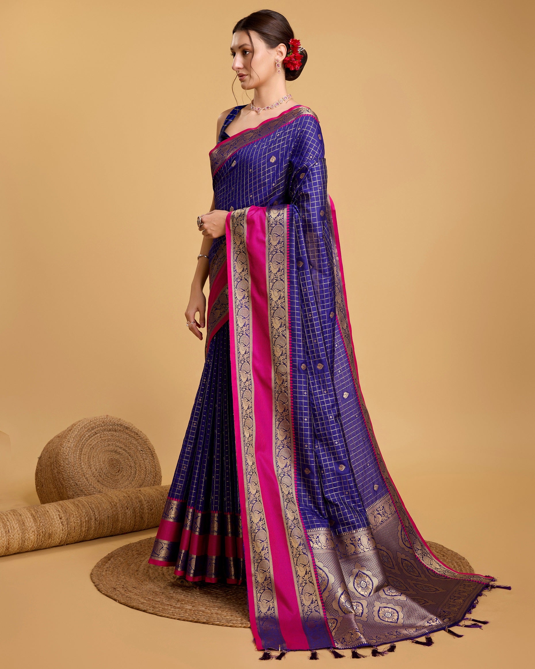 Vedant Vastram Soft Litchi Silk Banarasi Silk Saree - Blue - Distacart