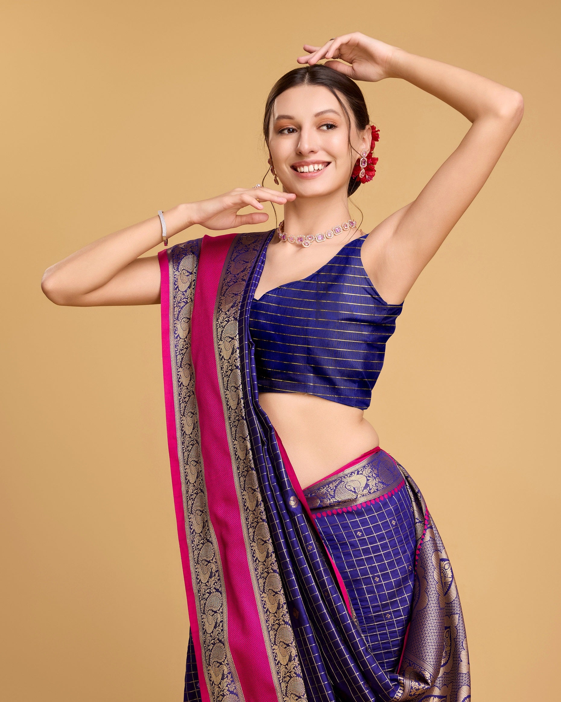 Vedant Vastram Soft Litchi Silk Banarasi Silk Saree - Blue - Distacart