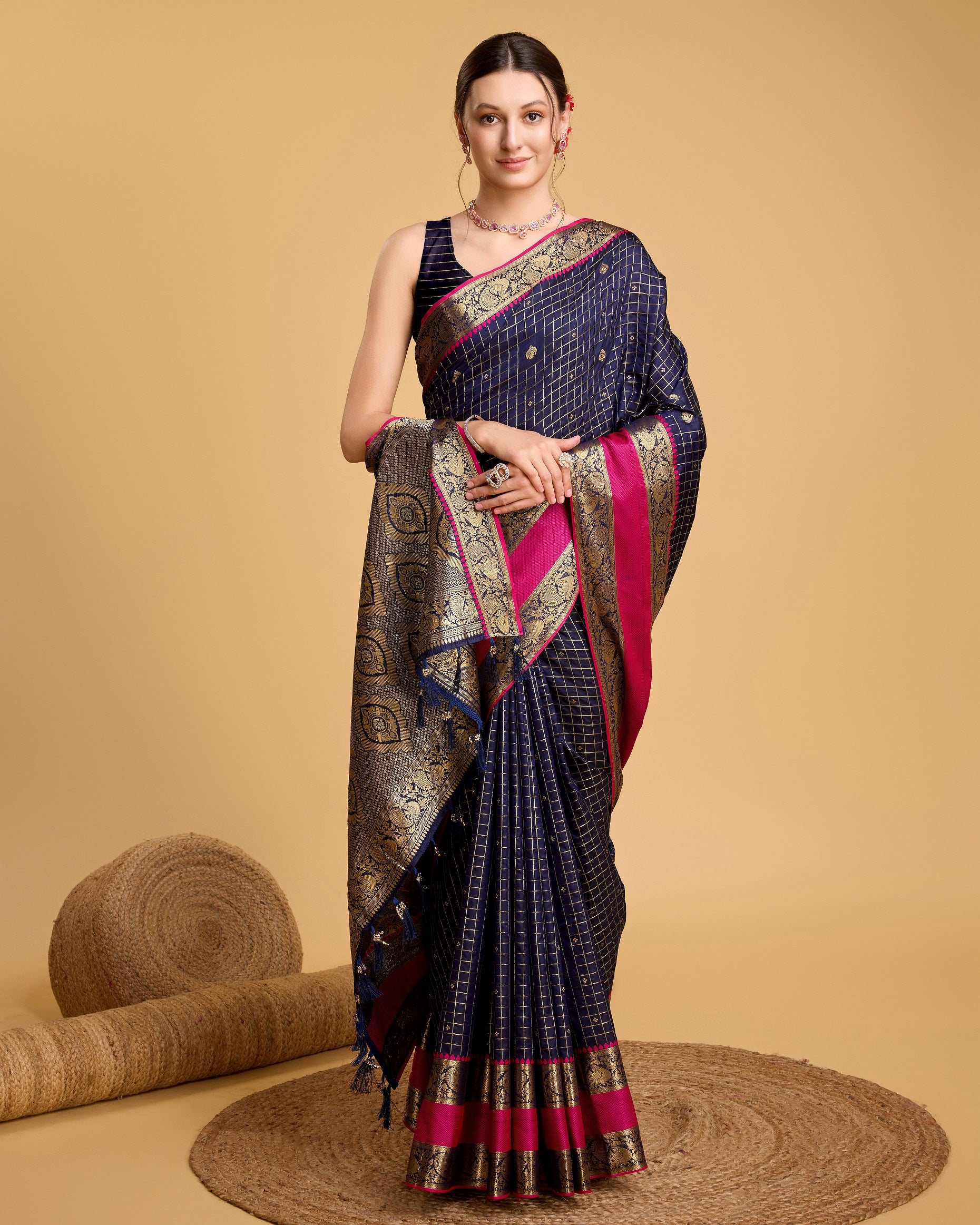 Vedant Vastram Soft Litchi Silk Banarasi Silk Saree - Navy - Distacart