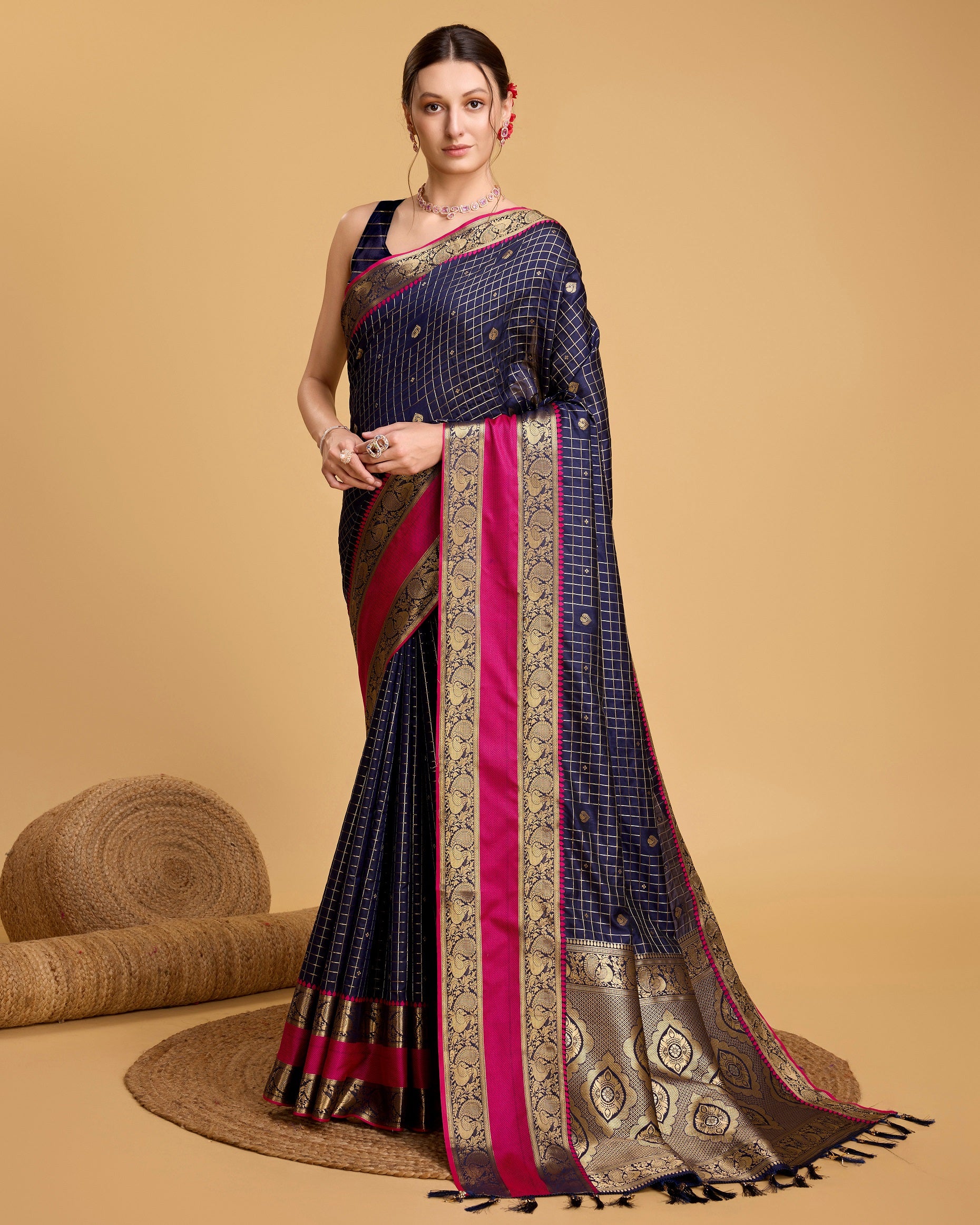 Vedant Vastram Soft Litchi Silk Banarasi Silk Saree - Navy - Distacart