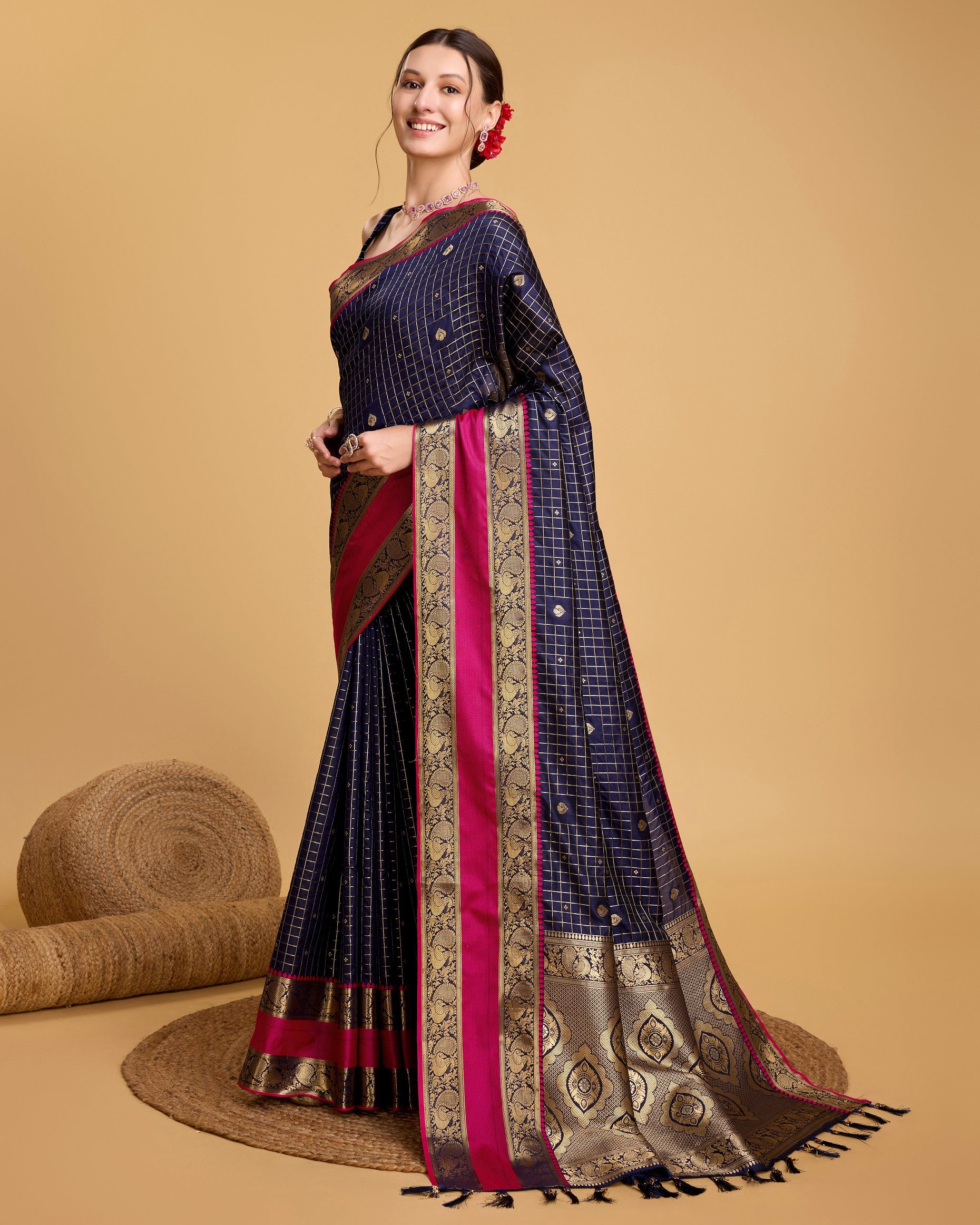 Vedant Vastram Soft Litchi Silk Banarasi Silk Saree - Navy - Distacart