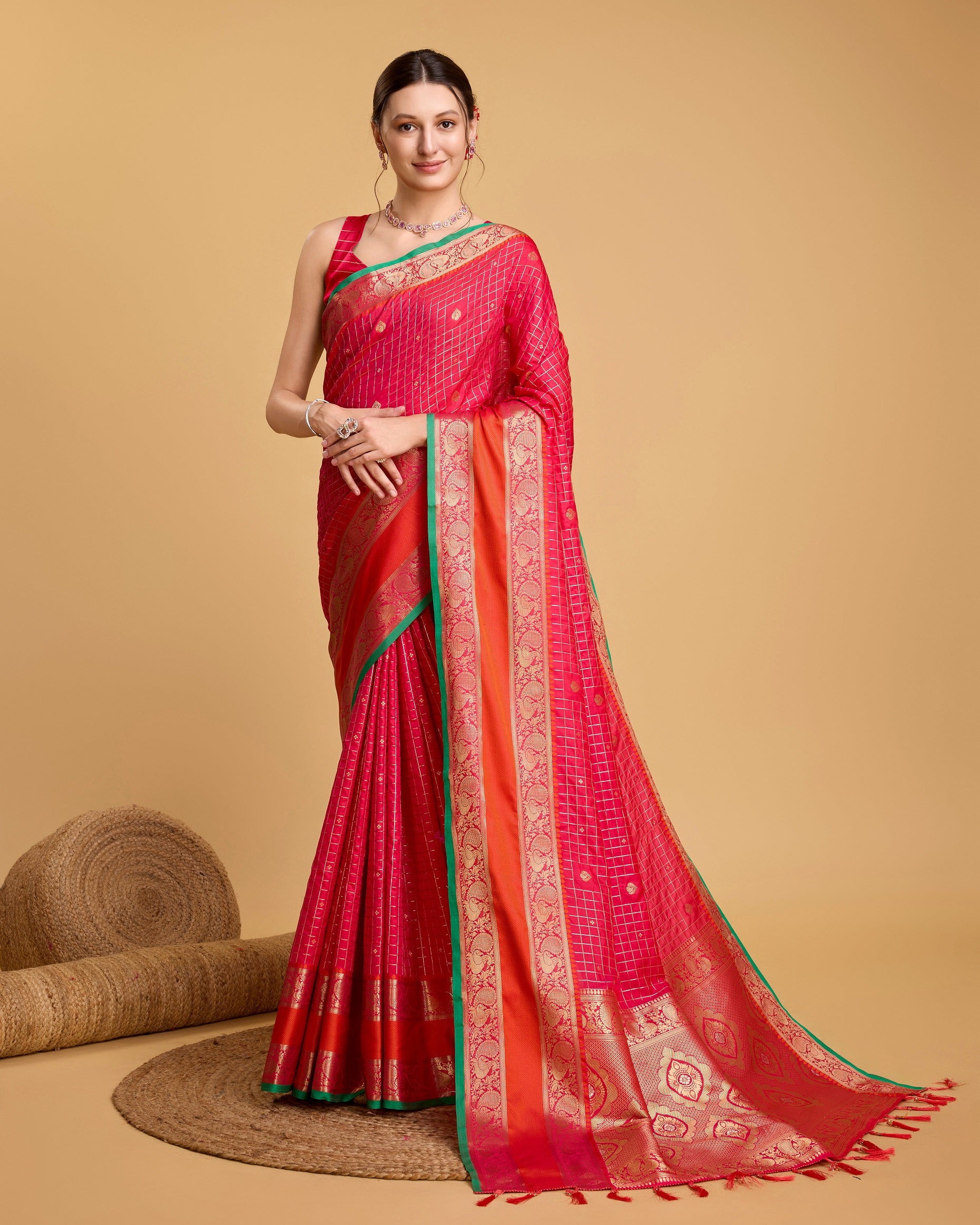 Vedant Vastram Soft Litchi Silk Banarasi Silk Saree - Pink - Distacart