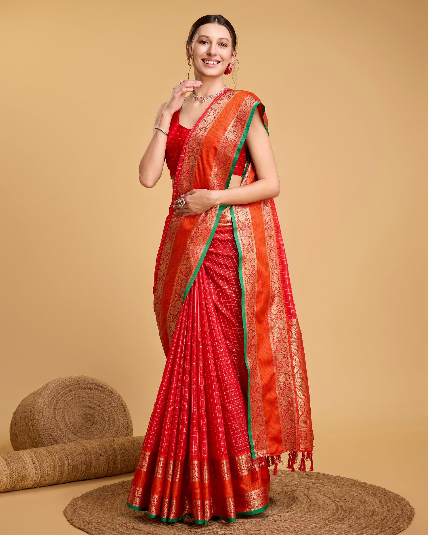 Vedant Vastram Soft Litchi Silk Banarasi Silk Saree - Red - Distacart