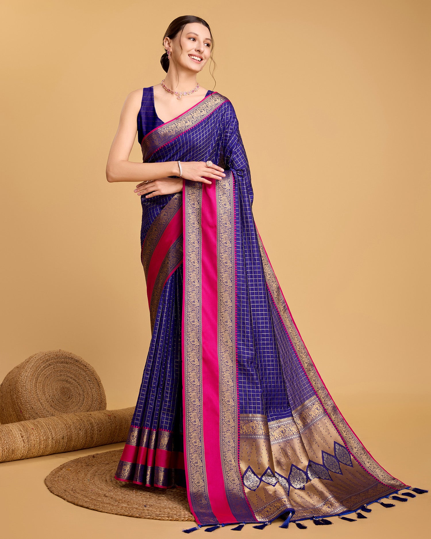 Vedant Vastram Soft Litchi Silk Banarasi Silk Saree - Blue - Distacart