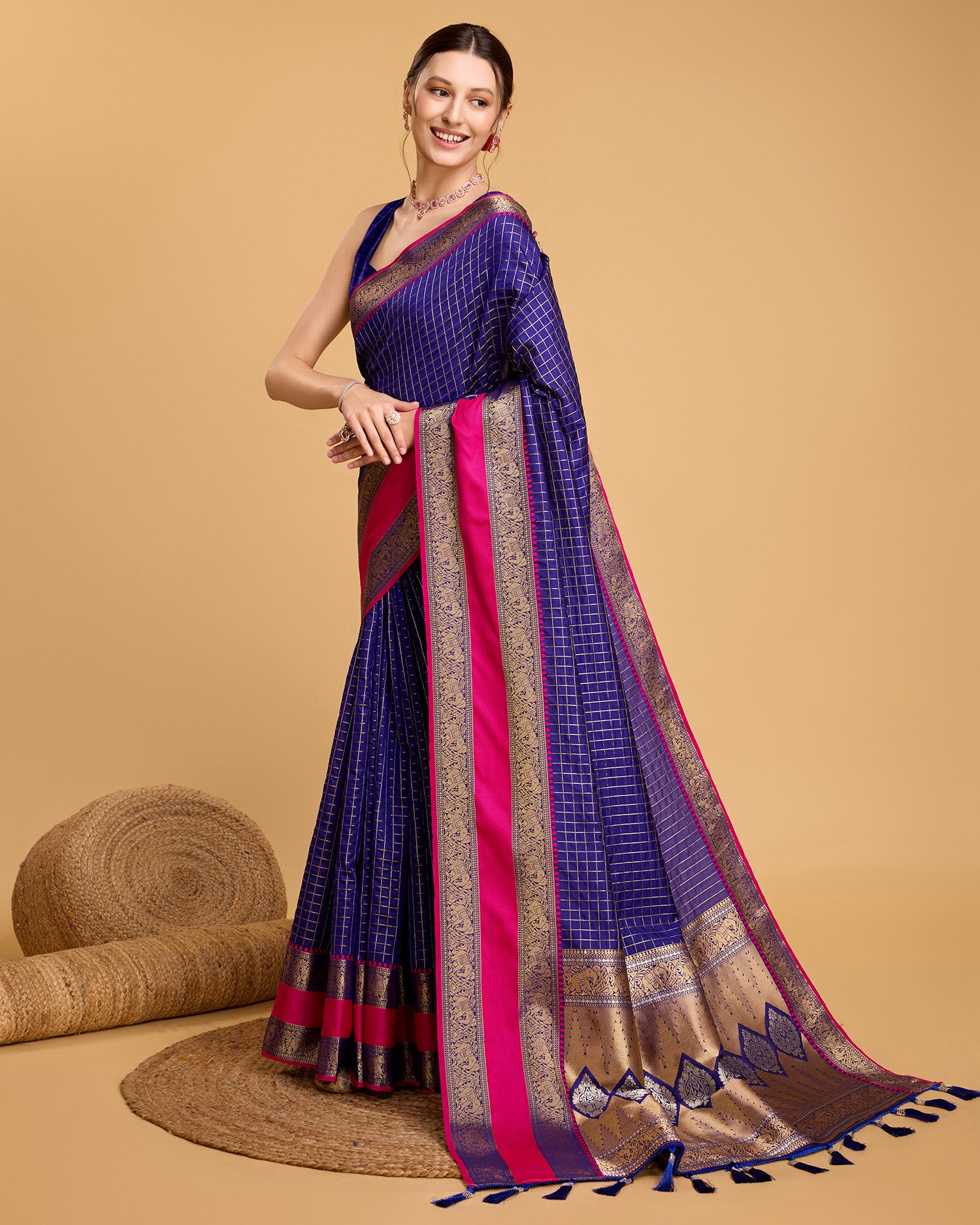 Vedant Vastram Soft Litchi Silk Banarasi Silk Saree - Blue - Distacart