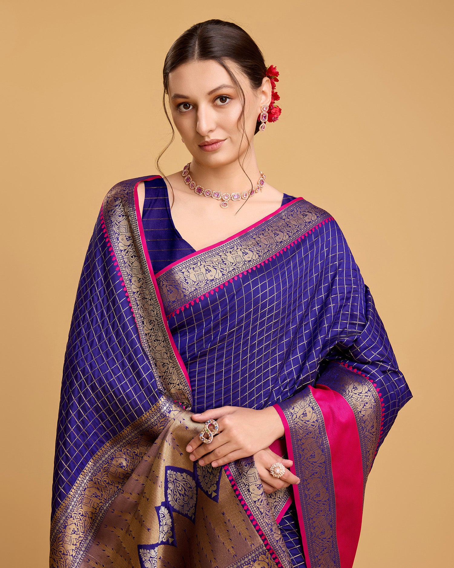 Vedant Vastram Soft Litchi Silk Banarasi Silk Saree - Blue - Distacart